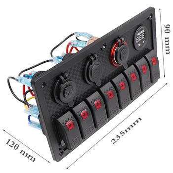 8 Bande-Rocker Switch Panel Afbryder Overbelastning Beskyttet Voltmeter 12V 24V DC USB Oplader Port RV Bil, Båd Marine Blå LED