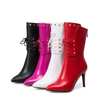 INS HOT Kvinder støvler, naturlig læder øvre plus størrelse 22-25cm ankel støvler til kvinder 3colors Kvinders sko Metal nitte dekoration