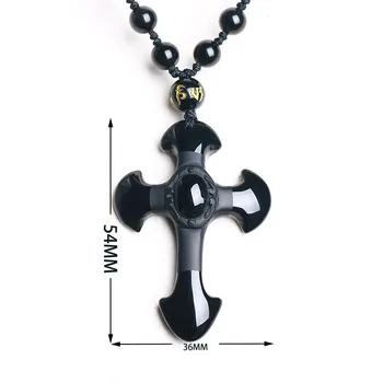 Natursten Obsidian Tværs Amulet Halskæde Håndskårne Vedhæng med Lucky Gratis Perler, Kæde Til Kvinder, Mænd Smykker