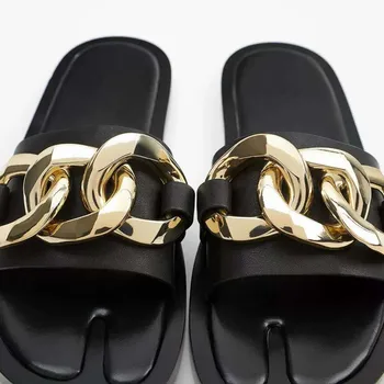 2020 Nye Damer, hjemmesko og sandaler Black Metal Kæde Indrettede Flade Sandaler RA Split Tå Kvinder dias SAMME Design ZAR