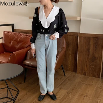 Mozuleva Vintage Bluser 2020 Elegant V-hals Splejset Udskrivning Broderi koreanske Bomuld Skjorte Kvinder Lange Ærmer Løse Toppe