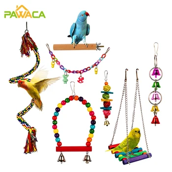 Parrot Fugl Hængende Tygge Legetøj Sæt Rattan Bold Bid Swing Bell Træ-Hængekøje til Parakitter Finker Lovebirds Pet Tilbehør