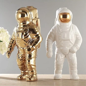 Guld Plads Man Skulptur Astronaut Mode Vase Kreativ, Moderne Keramik Kosmonaut Model Ornament Have Statuen Hjem Dekorationer