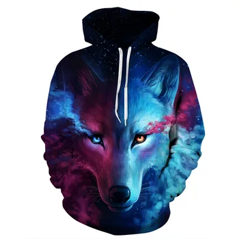 2021 Dyr stjernehimmel Wolf Hoodie 3D Uafgjort Farvning Plus Size Mænd Hættetrøjer Sweatshirts Poleras Con Capucha Hombre Blusa Moletom 3XL