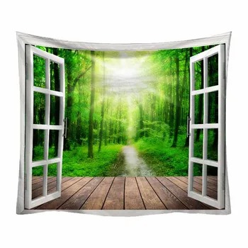 3D-Vinduet Grønne Træ Mosaik Væg Hængende Sollys Væggen Klud Gobeliner Hippie Indretning Væg Tæppe Psykedelisk Gobelin
