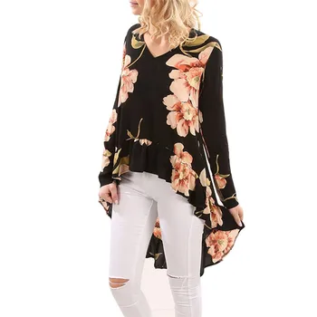 Kvinder, mode toppe Blomstret Print, Lange Ærmer Shirt Lang Bluse med Flæser Uregelmæssige damer Toppe, Sommer, Forår Blomster Chiffon toppe#25