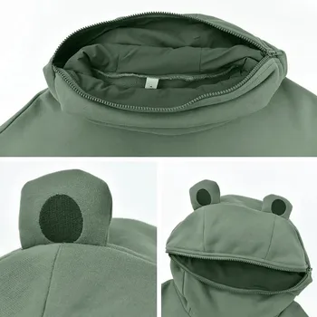 Sød Frø Hoodie Kvinder Mid-Længde Grønne Børstet Hoody Kvinder er Kreativ Syning Cute Design-Frog Pullover Lomme Sweatershirt
