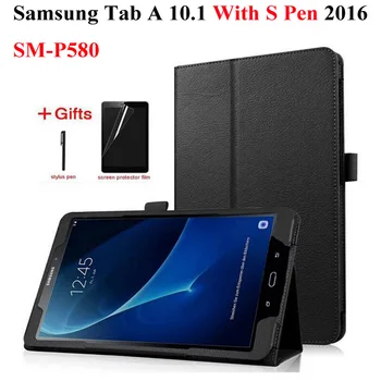 Litchi Folio PU Læder taske Til Samsung Galaxy Tab En 6 A6 10.1 P580 P585 med S-Pen version Beskyttende Tablet tilfælde+Pen+Film