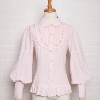 Custom Made Sød Pige Chiffon Bluse Pink Lang Puff Ærmer Kvinder Skjorte med Flæser Gratis Fragt