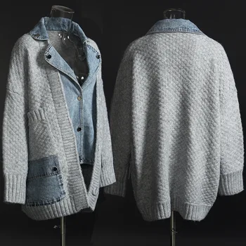 DEAT 2021 vinter Europæiske mode ven street denim patchwork grå strik lomme kvindelige løs jakke kvinder frakke WO39402L