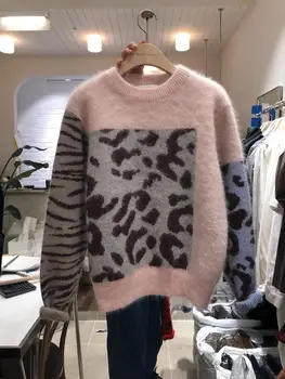 O-Hals Kontrast Farve Leopard Printet Cashmere Trøjer Med Lange Ærmer Mohair Strik Sweater Crop Tops Sueter Mujer Efterår, Vinter