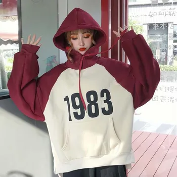 2018 efterår og vinter Kvinder Hættetrøjer Mode koreansk stil Sweatshirts Patchwork Lange Ærmer Tykkere Pullovere Casual Kvinde Tøj