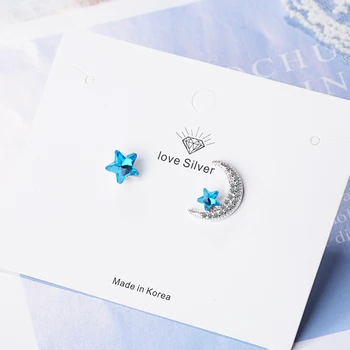 Nye Ankomst 925 Sterling Sølv Sød Asymmetrisk Blue Star Månen Zircon Crystal Øreringe Til Kvinder Fødselsdag Gave Drop Shipping
