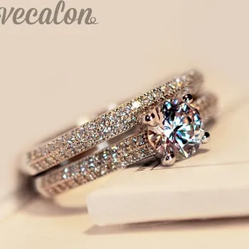 Vecalon mode ring bryllup band ring sæt til kvinder 1ct 5A Zircon med cz ring i 925 Sterling Sølv Kvindelige Engagement ring Finger