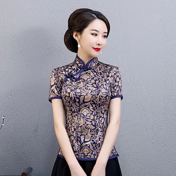 Oversize Kinesisk Stil Kvinder Shirt M-5XL Vintage Bryllup Bluse Dame Tøj Sommeren Qipao Kjole Mandarin Collar Kjole Vestido