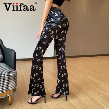 Viifaa Sommerfugl Print Velvet Høj Talje Tynde Flare Pants 2020 Efterår Og Vinter Streetwear Kvinder Slim Fit Vintage Bukser
