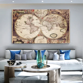 Et Kort Over Verden, Retro Gamle Kunst Lærred Malerier Til stuen, Print Plakater Væg Kunst, boligindretning, Uden ramme