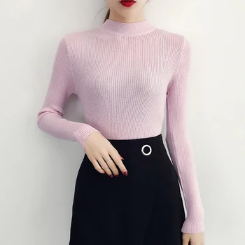Shintimes langærmet Sweater Kvinder Shiny Efterår og Vinter Pullover koreansk Stil Strikket Rullekrave Kvinde Basic Trøjer 2019 Femme
