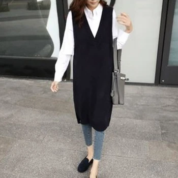 GALCAUR koreanske at Strikke en Vest Til Kvinder V-Hals uden Ærmer Asymmetrisk Side Split Lange Veste Kvindelige 2020 Modetøj Tidevandet