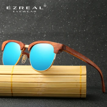 EZREAL Polariseret Træ Solbriller Lagdelt Halvdelen træramme Square Stil for Kvinder Bambus Solbriller Mænd, I Træ Boks