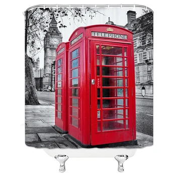 Retro London telefonboks, Badeværelse badeforhæng Big Ben Rød Natur Vandtæt Polyester Stof til Kunst Badekar Home Decor