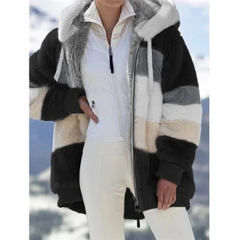 Vinteren kvinder jakke mode Bløde patchwork lynlås lomme vinter Hætteklædte jakke retro løs Lange Ærmer Plus Size Kvinder Top Coat