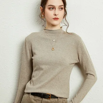 Kvinder er efterår og vinter lang-langærmet T-shirt med høj hals strikket toppe Slim T-shirt 2020 grå