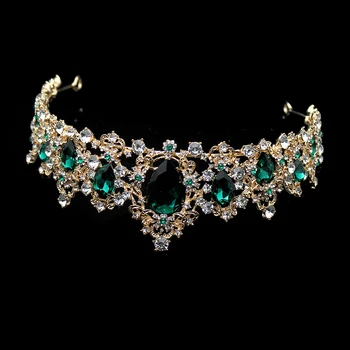 Barok Luksus Grøn Krystal Bridal Crown Og Diademer Rhinestone Vintage Guld Diadem Bryllup Hår Tilbehør Til Kvinder