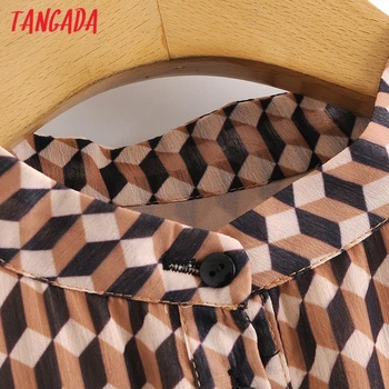 Tangada 2021 Fashion Kvinder Geometri Print Chiffon Skjorte Kjole Vintage Lange Ærmer Kontor Damer Mini Kjole 3A48