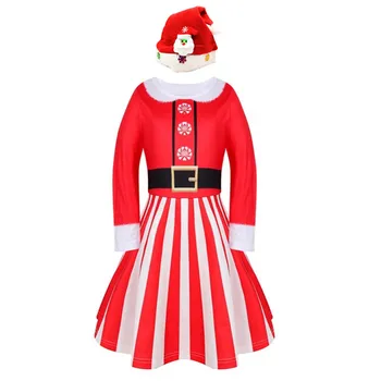 Piger Jul Kjole Santa Claus Stribe Print Santa Dress Kids langærmet Carnival Part Tøj med Hat Rød Vestido til Pige