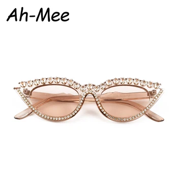Samll Trendy Diamant Cat Eye Solbriller Kvinder Luksus Brand Designer Crystal Sexet Cateye Ramme Rhinestone Brillerne UV400 Oculos
