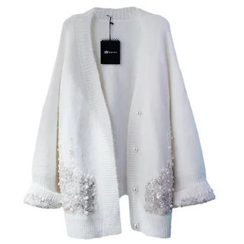 Efterår og vinter nye Europæiske og Amerikanske stil beaded paillet polar fleece sweater løs mid-længde cardigan sweater