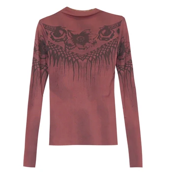 Fall Vinter Europæisk Tøj, T-shirt Mesh Mode Rullekrave Print Kvinder Toppe Ropa Mujer Bunden Shirt t-Shirts 2020 Nye T08711L