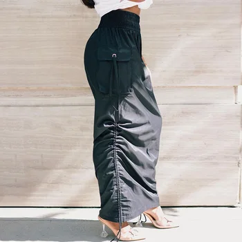 Sibybo Elastisk Talje Snøre Nederdele Kvinder 2021 Foråret Harajuku Casual Streetwear Lang Sort Nederdel Kvindelige Mode Lomme Bunde