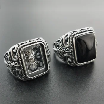 Ægte 925 Sølv Sort Granat S925 ring For Mænd Blomst Mode Åbne Størrelsen ring Sterling Sølv Thai Sølv Smykker