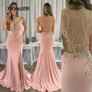 Luxury Mermaid Prom Dress 2020 Pink Lang Formel Aften Dresss Scoop Illusion Sikning, Krystal Side Slids Swep Tog Plus Størrelse