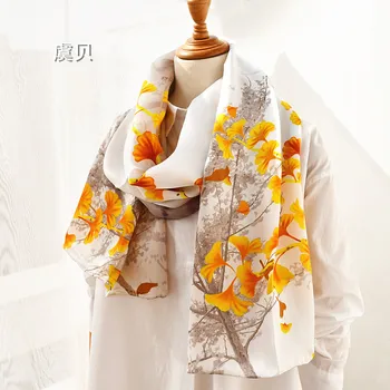 Klassisk kinesisk naturlig silke tørklæde med trykte gingko blade til kvinder, ægte silke af høj kvalitet tørklæder sjal gave til dame
