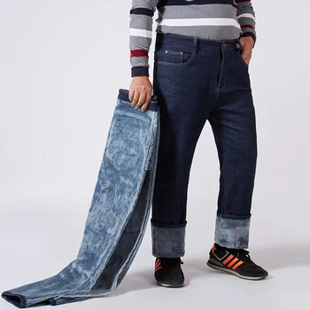Plus Størrelse 42 44 46 48 50 52 Mænds Vinter Varm Jeans Business Casual Blå Sort Lige Løs Denim Bukser Mandlige Mærke Bukser