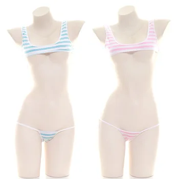 Sexet Lingeri til Kvinder Erotisk Stripper Tøj Micro Bikini Bh og Trusse Sæt Undertøj Blå Pink Stribet Ko Cosplay Outfit