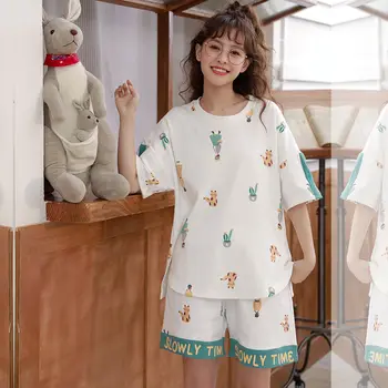 Pyjamas Sæt Kvinder 2XL Sommeren Bløde Kawaii Print, Rund Hals Dejlige Piger Pijamas Korte Ærmer Simple koreanske Trendy Mujer Homewear