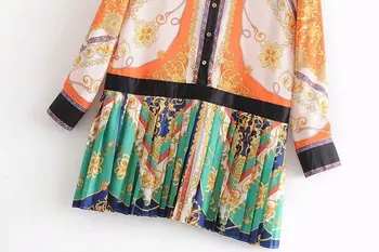 2018 kvinder vintage-farve-matching udskrivning hem plisseret mini kjole damer patchwork vestidos afslappet slank efteråret kjoler DS1222