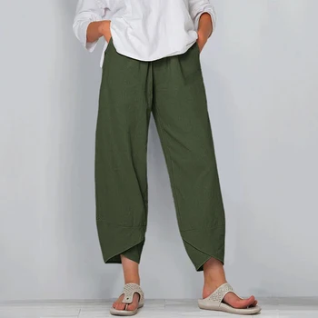 Vintage Bomuld Bukser Kvinder er Sommer Bukser Casual Elastisk Talje Pantalon Kvindelige Beskåret Solid Harem Bukser Plus Størrelse