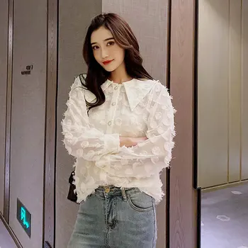 2021 Foråret Hvid Skjorte Kvinder Chiffon Blouse Vintage Koreansk Mode Langærmet Turn-Down Hals Blusa Femenina Løs Kvinde Top