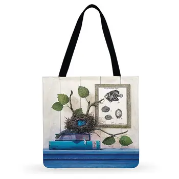 Middelhavs-Art Trykt Tote Bag Blue Ocean Kvinder Casual Tote Damer Skuldertaske Foldable Shopping Bag Offentlig Strand Tote Taske