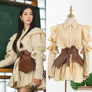 Kpop Seo Ja Ji samme sommer mode nyt design, solid farve kjole kvinder Streetwear personlighed revers, Enkelt-breasted mini kjoler