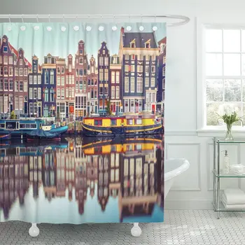 Amsterdam Canal Singel Typiske hollandske Huse og Husbåde Under badeforhæng Vandtæt 60 x 72 cm Sæt med Kroge