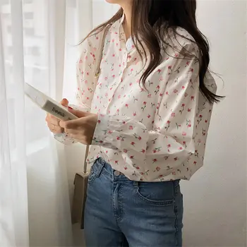 HziriP koreanske Stå Blomster, Søde 2020 Korte Smarte OL Shirt Piger Sød Løs Kvinder Bluser Grundlæggende Femme Blusas Camisas Mujer