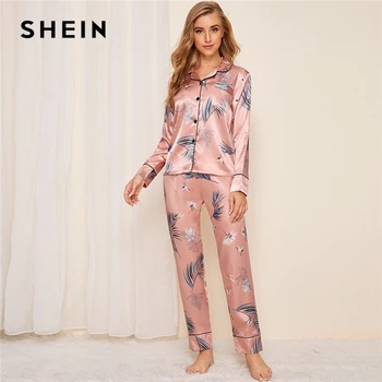 SHEIN Pink Kran og Blade Print Satin Pyjamas Sæt Kvinder Efteråret Casual Kort Ærme Lomme Nattøj Lange Bukser, Pyjamas Sæt