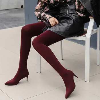 2020 Slanke Bukser Med Støvler Kvinder Spids Tå Elastisk Grå Rød Høj Hæl Støvler Femme Mode Lang Sok Støvler