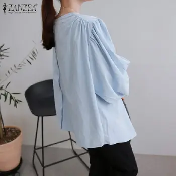 Tilbage Knapper Almindelig Løs Shirts ZANZEA Kvinder Kontor Lang Puff Ærmer Oversize Bluse Elegante Blusa Femininas Casual Solid Toppe